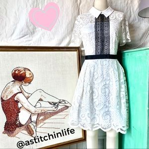 Nanette Lapore White Lace Dress with Black Details